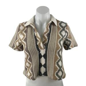 Zara Brown Geometric Tribal Crochet Knit Short Sleeve Cropped Polo Shirt Top S